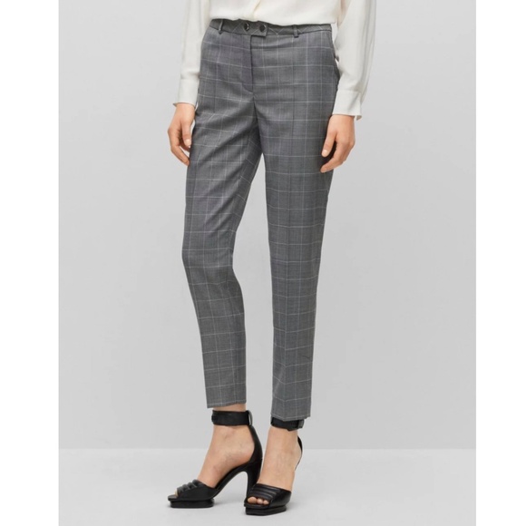 Hugo Boss Tamata Wool Glenn Plaid 50494439 Grey Windowpane Cropped Trousers 10 - Picture 1 of 16